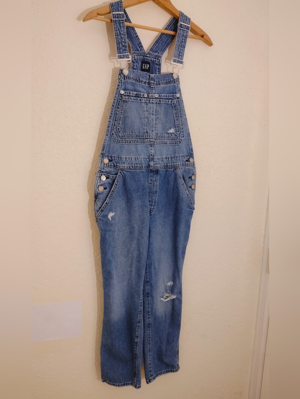 GAP Medium Blue Denim Distressed Carpenter Overalls - Picture 2 of 5